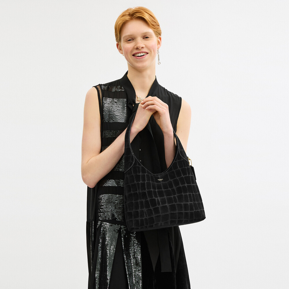 NWT Coach Brooklyn Shoulder Bag 28 -    Crocodile-embossed Suede Black